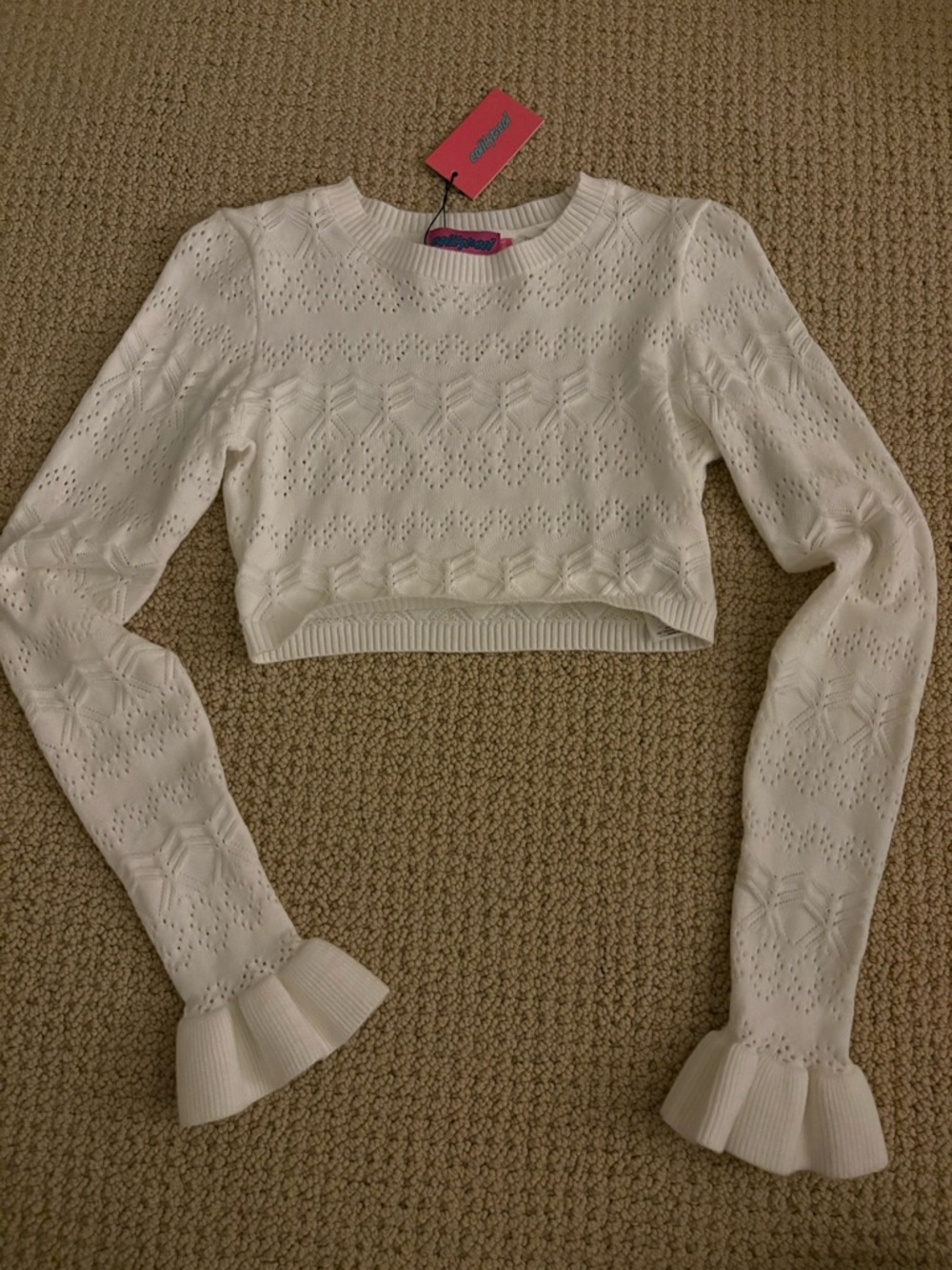 Edikted White Cropped Eyelet Knit Top with Ruffle Cuffs